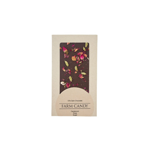 cardamom rose 72% dark chocolate bar - farm candy