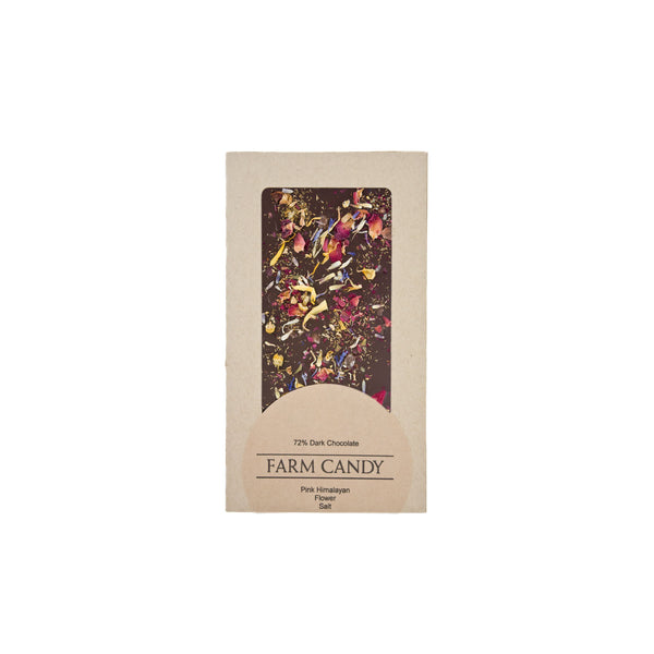 pink himalayan flower salt 72% dark chocolate bar - farm candy