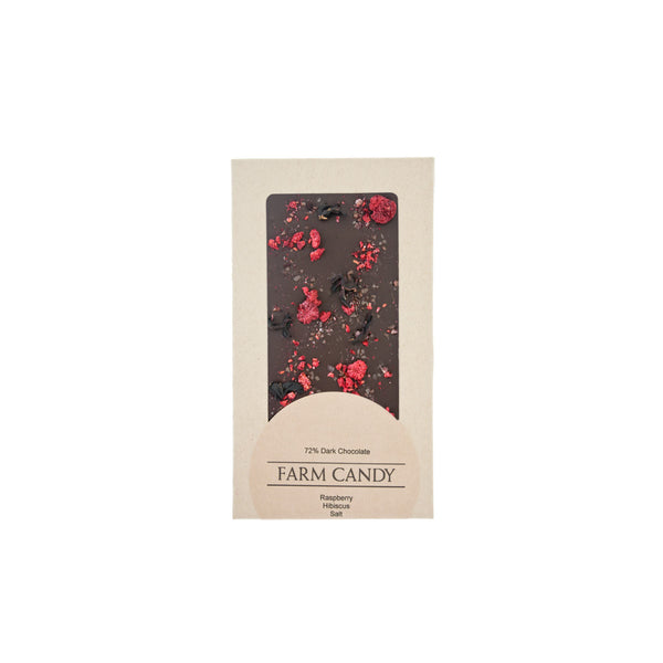 raspberry hibiscus salt 72% dark chocolate bar - farm candy