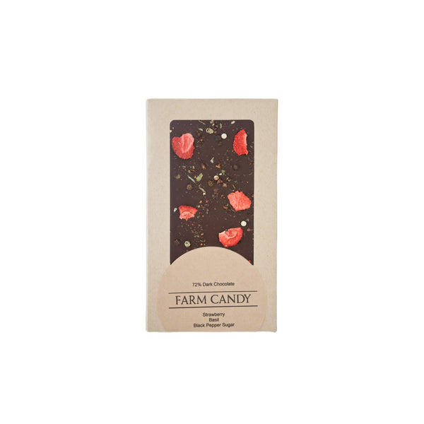 strawberry basil black pepper 72% dark chocolate bar - farm candy